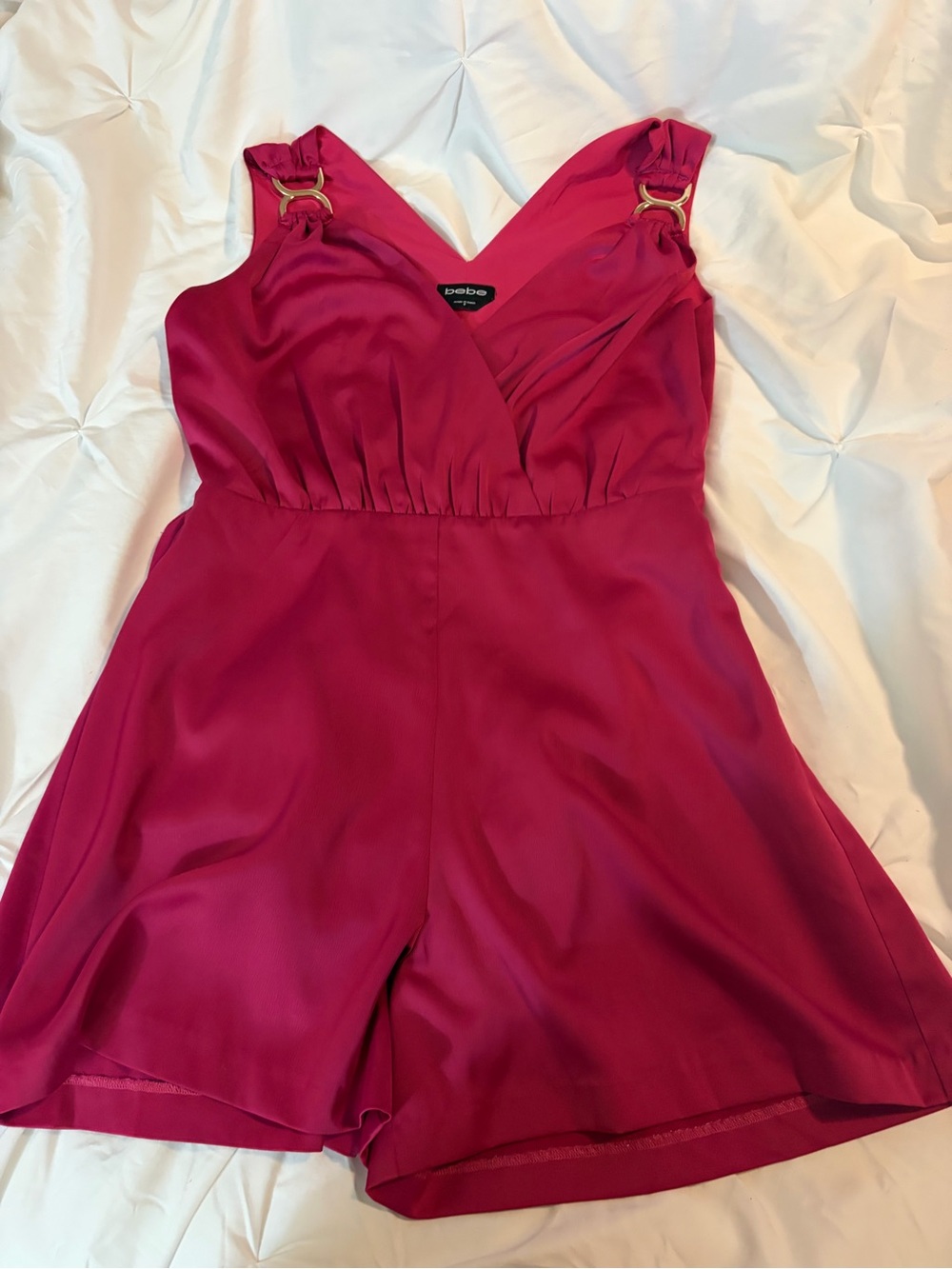 bebe Hot Pink V-Neck Romper with Gold Ring Straps